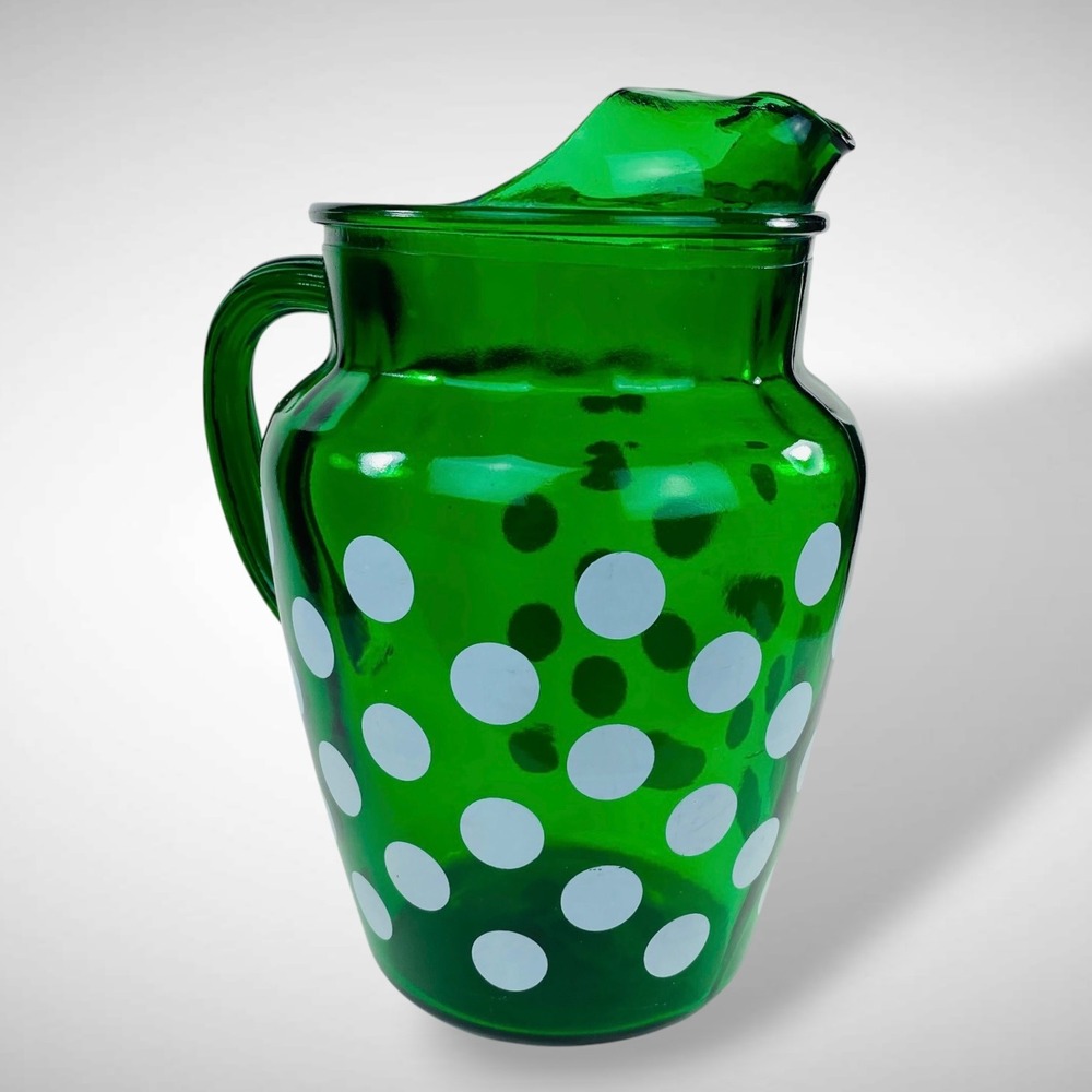 Anchor Hocking Polka Dot Green Glass Pitcher White Dots 1950s